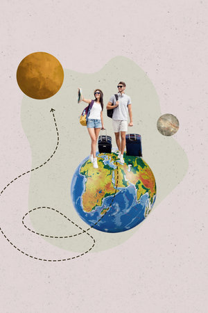 Trend artwork composite sketch image photo collage of lady man wear backpack couple friends hiking...