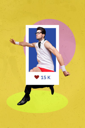 Vertical photo collage of sexy serious businessman online celebrity social media post admire likes reactions isolated on painted backgroundの写真素材