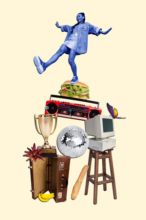 Vertical photo collage of happy girl stand pile things suitcase disco ball butterfly suitcase monitor isolated on painted backgroundの写真素材