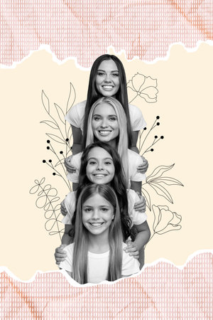 Vertical creative artwork photo collage of cheerful family girls hold each other on shoulders smiling isolated on painted backgroundの写真素材