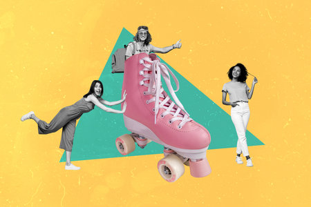 Composite sketch photo collage of black white silhouette colleagues three friends stand at retro roller skater travel pull push relocateの写真素材
