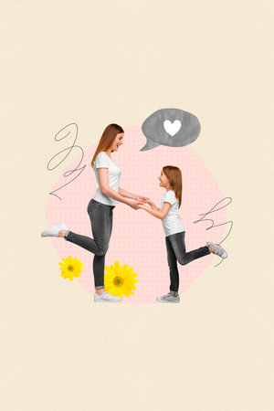 Magazine picture sketch collage image of pretty smiling mom little girl holding arms talking love isolated creative backgroundの写真素材