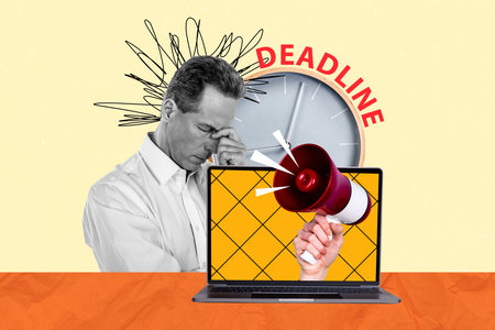 Trend photo collage of black white silhouette tired man hold hands on face mental stress loudspeaker appear from laptop clock deadlineの写真素材