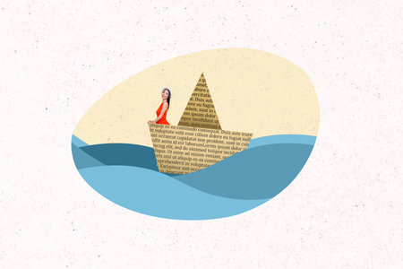 Sketch image trend artwork 3D photo collage of young attractive lady find way travel in boat paper ship relocation rest vacation summerの写真素材