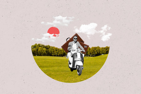Trend artwork 3D photo collage of young guy ride motorbike drive outdoors park carry baggage summer vacation way geo point travelの写真素材