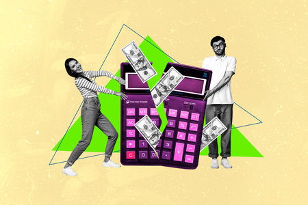 Trend photo collage of black white uncertain confused man lady friends coworking pull push huge calculator get money dollar usd banknoteの写真素材