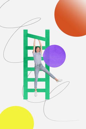 3D photo collage trend composite sketch image of young active sportive lady hold hand on huge stairs...