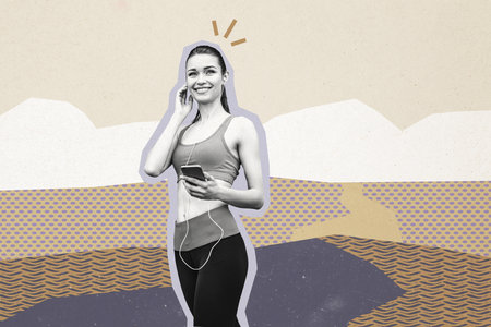 Composite photo collage of happy girl hold wire earphones prepare jogging sport exercise hobby music isolated on painted backgroundの写真素材