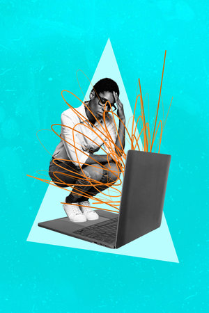 Composite sketch image trend collage of young upset bad mood lady sit on legs on huge laptop bad news from device screen social media lieの写真素材