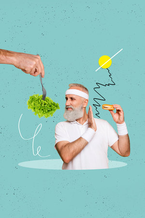 Collage poster of elderly retried senior man refuse unhealthy food to stay strong and healthy feel young isolated creative backgroundの写真素材