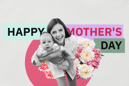 Creative abstract template collage of happy young mom hold baby flowers mother day love celebration concept billboard comics zine minimalの写真素材