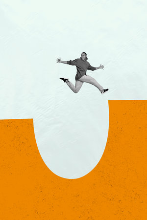 Artwork magazine collage picture of impressed guy jumping above big hole isolated drawing backgroundの写真素材