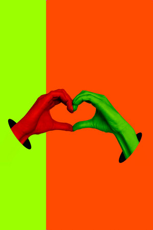 Image trend photo collage of vibrant colored silhouette man lady couple hand gesture share love show bonding love like happy relationshipの写真素材