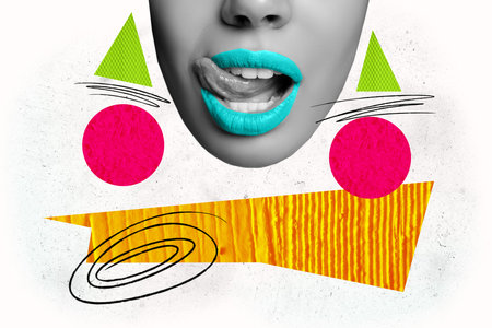 Composite photo collage of half face young woman blue lipstick tongue sexual passion model fashion makeup isolated on painted backgroundの写真素材