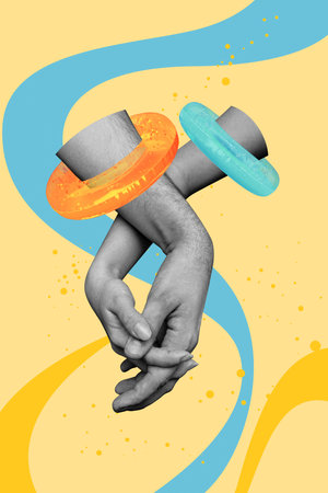 Vertical creative picture collage human hands body fragments hold each other unity trust connection colorful drawing backgroundの写真素材