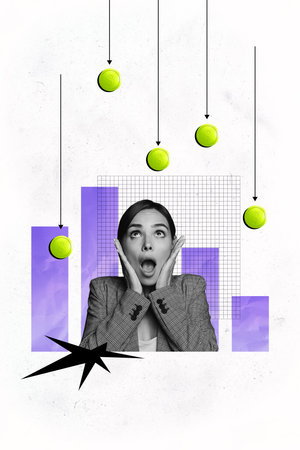 Vertical photo collage of astonished panic inexperienced girl watch arrow down money loss dollar inflation isolated on painted backgroundの写真素材