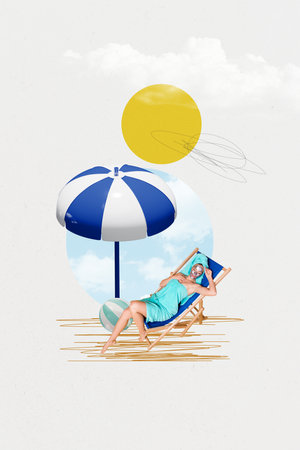 Vertical picture photo young lying woman beach sunbath parasol face mask skincare healthcare drawing doodles background sunny weatherの写真素材