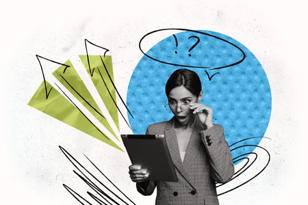 Composite photo collage of astonished shocked girl hold unexpected news arrow up work bubble promotion isolated on painted backgroundの写真素材