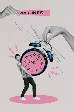 Trend artwork sketch image composite 3D photo collage of young worker project manager man hold in hand deadline clock alarm alert bellの写真素材
