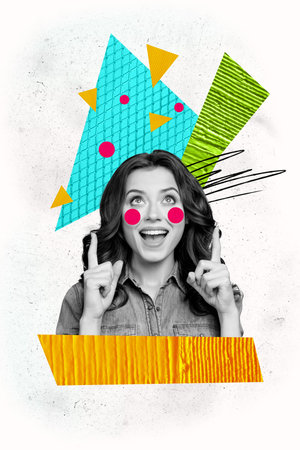 Vertical photo collage of happy excited cute girl point up confetti index finger wear casual clothes isolated on painted backgroundの写真素材