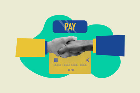 Collage image of successful contract men shaking hands congrats good deal isolated on drawing backgroundの写真素材