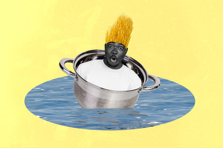 Trend artwork composite sketch 3D photo collage of shocked amazed guy floating in metal boil pot swim in water sea wear hairstyle pastaの写真素材