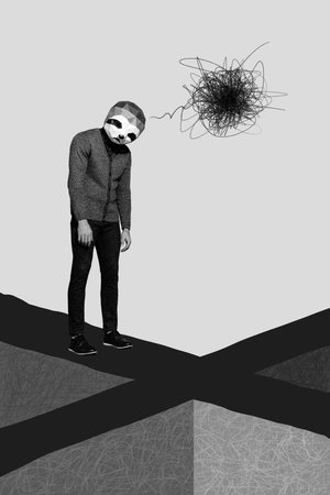 Vertical photo collage of young guy anonym wear mask upset depression mental disorder thoughts apathy isolated on painted backgroundの写真素材