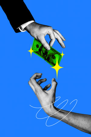 Vertical photo collage of hand give dollar banknote payment zombie arm charity donation help support...