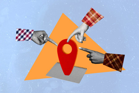 Composite trend artwork sketch image photo collage of huge red geo point show location on notebook three arms hands reach out touch fingerの写真素材