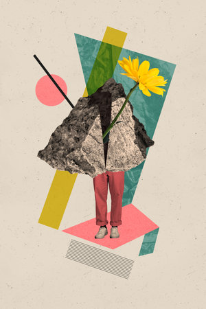 Creative vertical collage picture headless standing person legs rock stone fragment piece flower yellow daisy flourish drawing backgroundの写真素材
