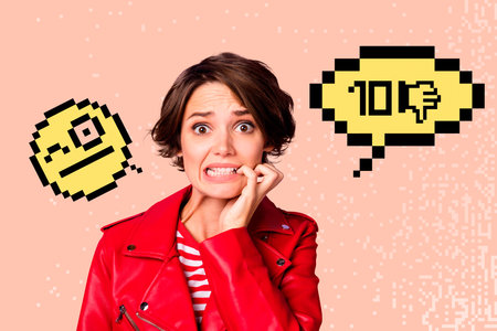 Composite photo collage of stressed panic girl bite finger unpopular dislike hate abuse unfollow...