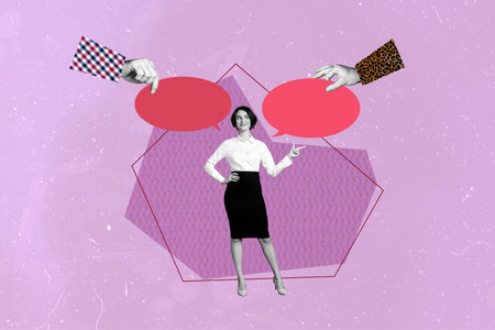 Trend artwork 3D photo collage sketch image of young confident lady office manager make choice...