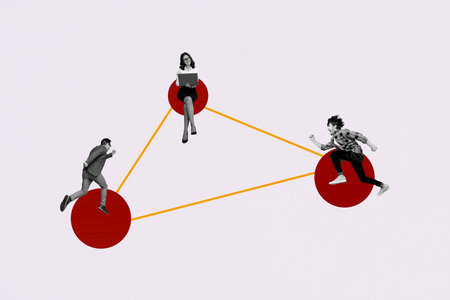 Trend artwork composite collage of three young colleagues lady man sit coworking laptop device do project sit ball triangle connectの写真素材