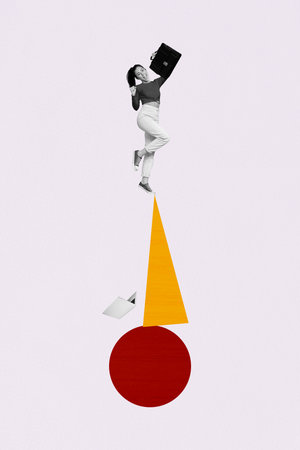 Vertical picture collage happy young standing girl diplomat suitcase falling laptop geometric figures remote worker drawing backgroundの写真素材