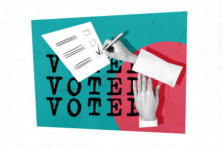 Creative collage picture human hands writing down check tick select candidate vote election referendum drawing backgroundの写真素材