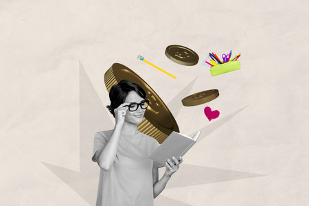 Creative image collage picture pretty smart girl eyewear golden coins trader cryptocurrency stationery copybook reader drawing backgroundの写真素材