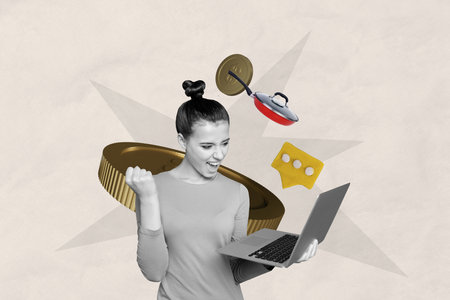 Creative image collage happy energetic girl celebrate success investor trader rich money golden coins laptop remote workの写真素材