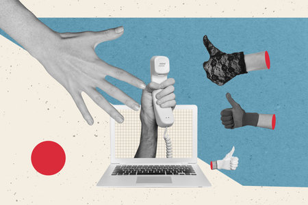 Creative photo collage laptop checkered screen masters glove hand telecommunication contact center operator thumb up drawing backgroundの写真素材