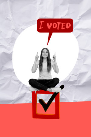 Collage image picture of funny smiling girl say tell i voted choose candidate isolated on drawing backgroundの写真素材