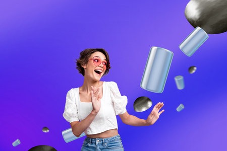 Creative collage poster young cute carefree impressed girl carefree 3d elements virtual reality...