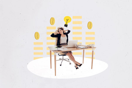 Composite photo collage of smile businesswoman sit chair table office workplace chart coin money light bulb isolated on painted backgroundの写真素材