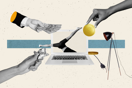 Artwork magazine collage picture of people arms betting money esport isolated beige color backgroundの写真素材