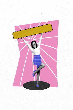 Vertical photo collage of happy young girl hold heavy gold bar prize wealth treasure success victory isolated on painted backgroundの写真素材