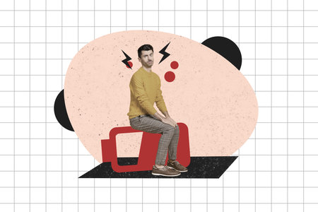 Trend artwork sketch image 3D photo collage of young man fatigue tired exhausted sit huge battery low power energy need rechargeの写真素材