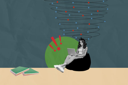 Composite photo collage of happy businesswoman type on a laptop sit beanbag brainstorming concept plan isolated on painted backgroundの写真素材