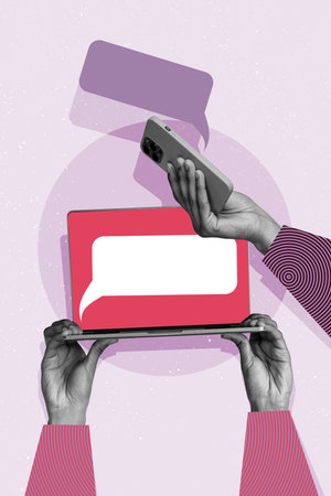 Vertical photo collage of hand hold a smartphone device laptop correspondence notification sms dialogue chatting isolated on painted backgroundの写真素材