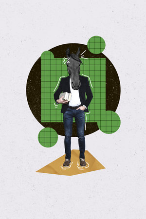 Trend artwork composite photo collage of young incognito person angry man headless horse head instead confident stand hold books in handの写真素材