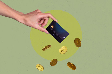 Creative picture collage human hand body fragment holding credit card payment golden coins earnings funds buy eshop nfcの写真素材