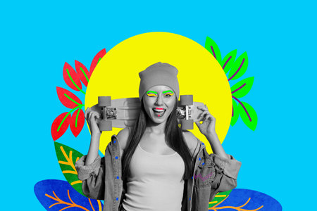 Composite collage picture image of plants female ride skate wink summer vacation sales shopping draw fantasy billboard comics zine minimalの写真素材