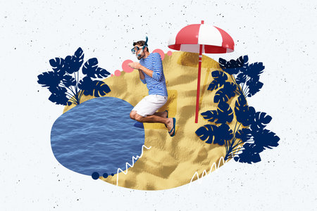 Composite photo collage of guy dive wear flip flops mask tube resort palm leaves ocean vacation...